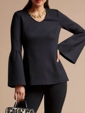 Cabi It's A Party V Neck Ponte Knit Black Bell Sleeve Blouse Top Large
